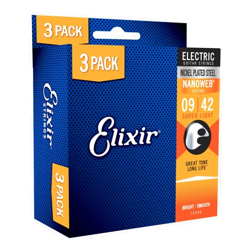 Elixir Strings Electric Guitar Strings with NANOWEB Coating, 3 Pack, Super Light .009-.042 (16540)
