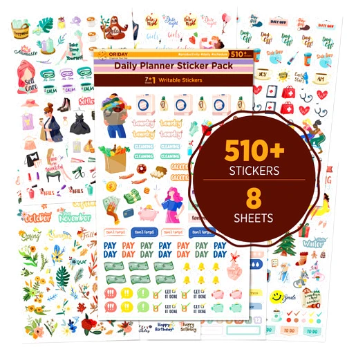 Oriday New Daily Happy Planner Sticker Pack- 500+ Cute Agenda Sticker Sets for Journaling, Decorating, Budget Planner, School Supply, Calendar Stickers for Adults Planner, Female Empowerment