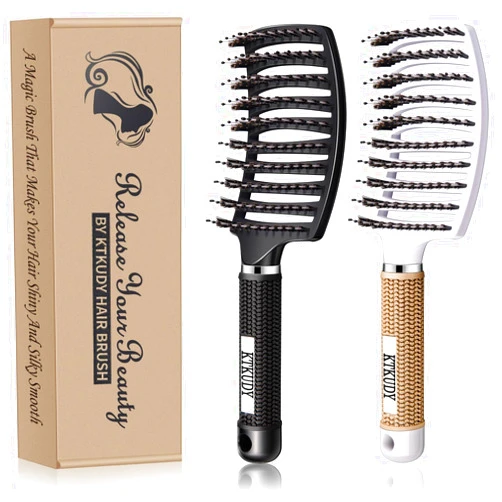 KTKUDY Detangling Brush Boar Bristles Set KTKUDY Hair Brush Curved and Vented Detangler Brush for Women Men Kids Wet and Dry Hair (Black&White)