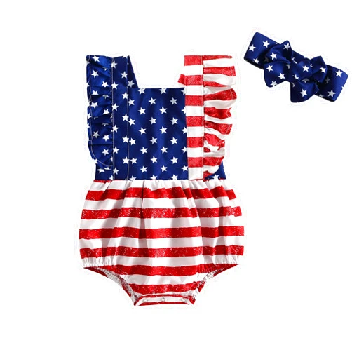 ALOPCFWM Baby Girl 4th of July Outfit American Flag Romper Sleeveless Ruffle Romper Bodysuit Independence Day Clothes