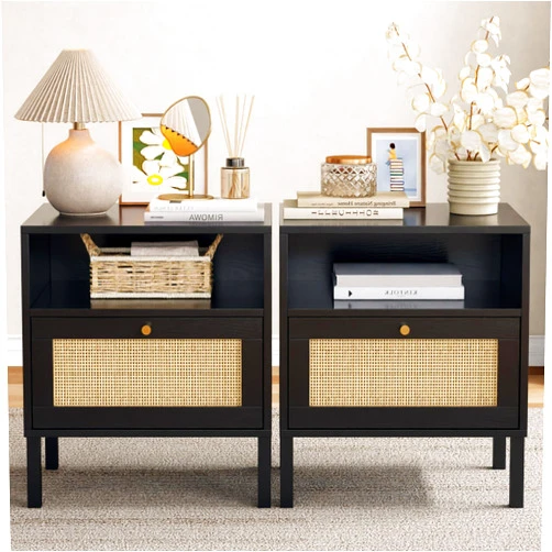 Angel Sar Rattan Night Stand Set 2, Boho Black Nightstands Set of 2, Bedside Table, End Table with Open Storage Space & Metal Legs, Bedroom Night Stand Wood Nightstand