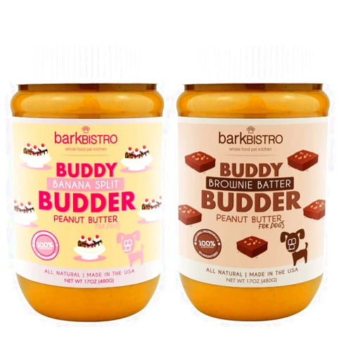 BUDDY BUDDER Brownie Batter + Banana Split, 100% natural Dog Peanut Butter, Healthy Dog Treat, Made in USA (set of 2 / 17oz jars)