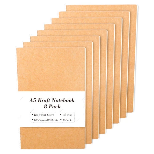 feela 8 Pack A5 Kraft Notebooks, 60 Lined Blank Pages Travel Journal Bulk, Soft Cover Notebooks for Women Girls Students, Making Plans Writing Memos Office School Supplies, 8.3 X 5.5 in