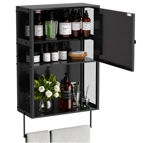 ETELI Bathroom Cabinet Wall Mounted with Door and Shelf 3 Tier Medicine Cabinet Hanging Bathroom Storage Shelf Over the Toilet Storage Cabinet with Towel Bar for Bathroom Laundry Room Living Room, Black