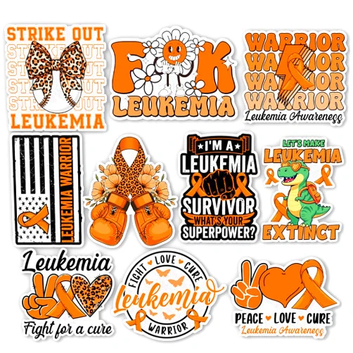 HOSALA (10Pcs-3in) Leukemia Awareness Sticker Pack, Orange Ribbon Blood Cancer Awareness Sticker, Leukemia Patient Support Gift, Decoration for Laptop Tablet Water Bottle Office Helmet Vehicles