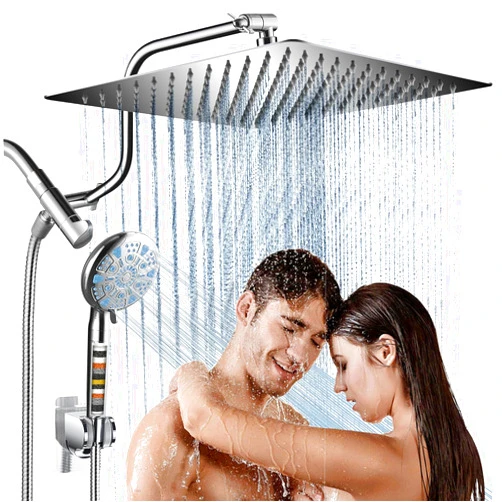 Cobbe 12 Inch All Metal 3-Way Rain Shower Head, High Pressure Shower Head, Dual Shower Heads with Handheld Spray Combo - Upgrade Extension Arm Height Adjustable - 9 Spray Filtered Shower Head, Chrome