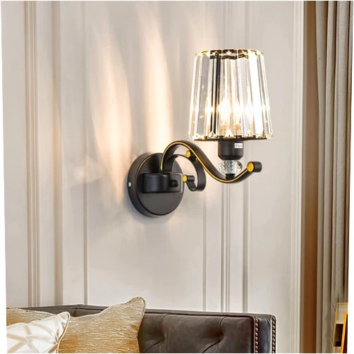TAMYUSE Crystal Wall Sconce Lights Metal Bedroom Bedside Sconce Bath Vanity Light Fixtures Black Wall Lamp for Living Room Hallway