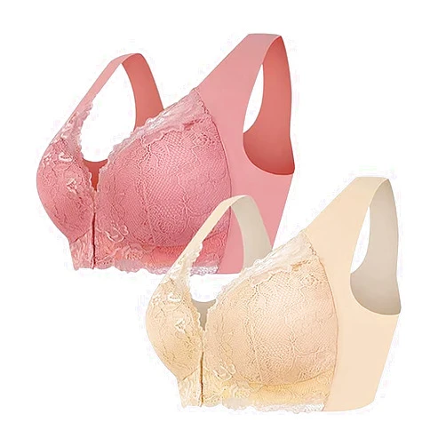 Asntrgd 2Pc Women's Plus Size Full Coverage Lace Bras Front Closure Posture Back Wireless Push Up Minimizer Comfort Bra