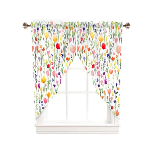Bilagawa Swag Valance Curtains, Farmhouse Floral Spring Colorful Flower 2 Panel Rod Pocket Kitchen Window Toppers, Short Decor Swag for Living Room Bedroom,36