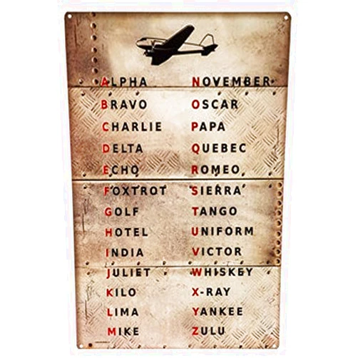 Generic Pilot Code Aviation Metal Sign Phonetic Alphabet Alpha Bravo Charlie