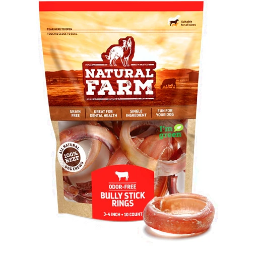 Natural Farm Odor Free Bully Sticks Ring Shaped (3-4 Inch, 10 Pack) - 100% Beef Chews for More Engagement & Fun, Grass-Fed, Non-GMO, Fully Digestible - Best for Small & Medium Chewers