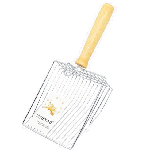 Vitisyao Large Cat Litter Scoop with Hook, Fast Sifting Kitten Poop Lifter, Wide Slots Cat Scooper with Wood Handle