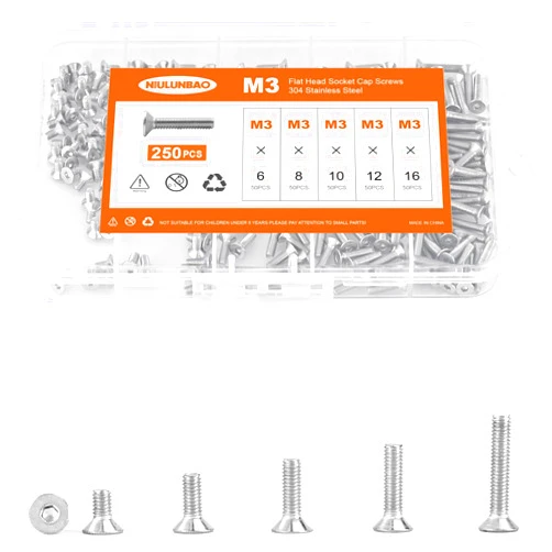 NIULUNBAO M3 x 6mm 8mm 10mm 12mm 16mm Flat Head Socket Cap Screws Countersunk Bolts, 304 Stainless Steel, Metric Fully Threaded, Allen Socket Drive, Bright Finish, Assortment Kit 250PCS