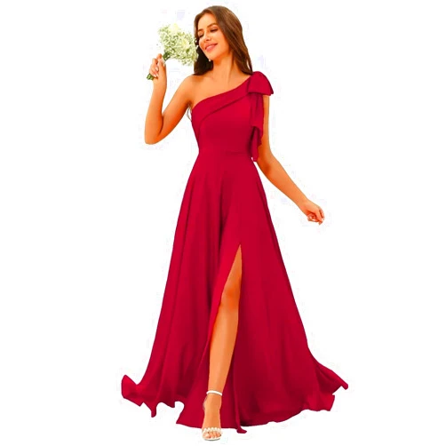 Elmiansly Womens One Shoulder Bridesmaid Dresses with Bow Satin A Line Formal Maxi Dress with Slit