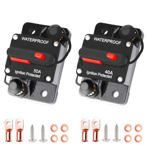 Tiwerlfe 40A & 50A Circuit Breaker Manual Reset Waterproof Inline Fuse Inverter for Car ATV Marine Trolling Motors Boat Power Protect 12V-48V DC, with Wire Lugs Copper Washer Screw