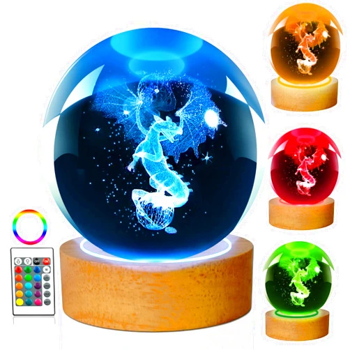 LINSINA Dragon Lamp, 80mm 16 Colors Crystal Ball Night Light with Wooden Base and Remote Control, Birthday Gift and Dragon Gifts for Women Men Kids (Dragon)