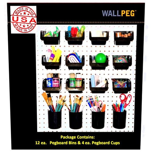 WallPeg Made in USA Pegboard Bins - Kit PB-16 Hooks to Peg Board Panel Organize Hardware Arrange Accessories Workbench Tool Organizer Garage Storage