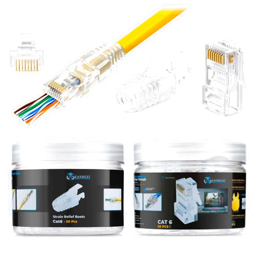 Everest Media Solutions RJ45 Cat6 Pass Through Connectors and Strain Relief Boots - Pack of 50/50 - EZ to Crimp Modular Plug for Solid or Stranded UTP Network Cable - Male Ethernet Connector End