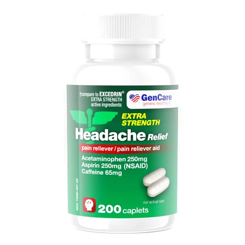 GenCare - Headache Relief Acetaminophen with Aspirin (NSAID) & Caffeine (200 Caplets) Value Pack | Head Pain, Muscle Aches, Back Pain & Body | Generic Excedrin Extra Strength