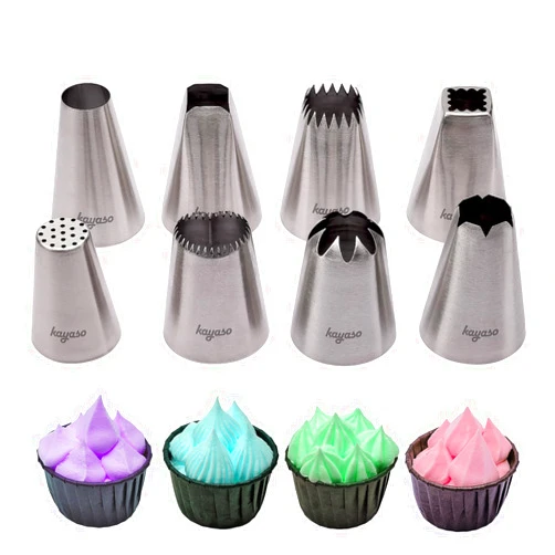 Kayaso Extra Large Piping Tips Set,8-Pcs Giant Size Decorating Icing Tip Plus 20-Pcs Piping bags, Stainless Steel Material, Silver Color
