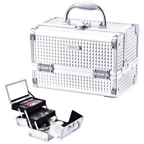 Joligrace Makeup Box Cosmetic Train Case Jewelry Organizer Lockable with Keys and Mirror 2-Tier Tray Portable Carrying with Handle Travel Storage (Classic Silver)
