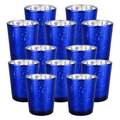 Just Artifacts 2.75-Inch Speckled Mercury Glass Votive Candle Holders (12pcs, Navy Blue)