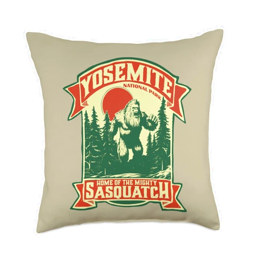 Yeti Habitation Project - Bigfoot & Sasquatch Art Yosemite Park Home of The Mighty Sasquatch Bigfoot Retro Throw Pillow, 18x18, Multicolor