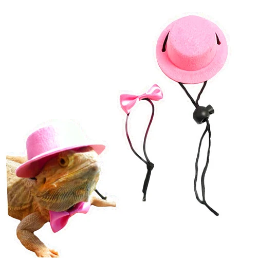 SEIS 2PCS Valentine's Day Bearded Dragon Lizard Hat and Bowtie Reptile Black Hat with Bow Tie Cool Pet Cap Small Animal Outfit Suit Cosplay Sculpt (Pink)