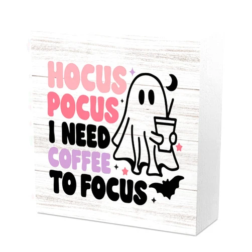 Gejoyse Cute Halloween Decor, Halloween Decorations Indoor, Hocus Pocus I Need Coffee to Focus Sign, Coffee Sign Decor, Halloween Decor Decorations for Home Coffee Bar Shop Station 5 x 5 inch