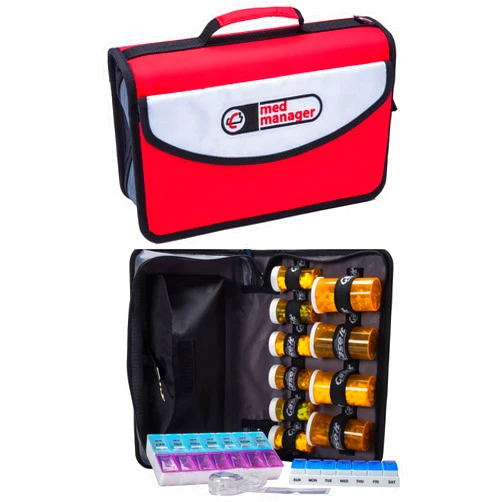 Case it Med Manager Large Medicine Organizer and Portable Medical Binder, Holds (15) Pill Bottles-(11) Standard Size and (4) Large Bottles, Includes Removable 6-Pocket File Folder, Black, 14 x 14 x 4 inches