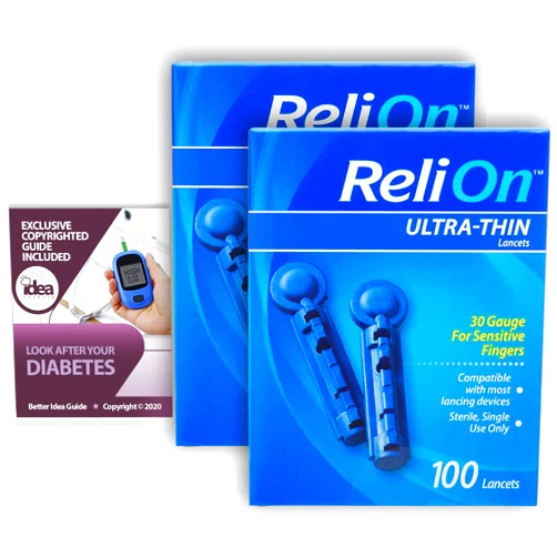 Idea Shop USA ReliOn Ultra-Thin Lancets, 30-Gauge, for Sensitive Fingers, 100 Ct (2 Pack) Bundle with Exclusive 