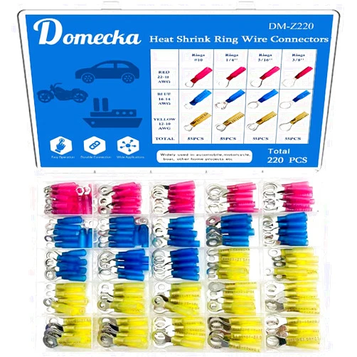 Domecka 220PCS Heat Shrink Ring Connectors Kit, Marine Grade Heat Shrink Ring Connectors, Heat Shrink Wire Connectors, Tinned Red Copper Gauge Insulated Ring Crimp Terminals