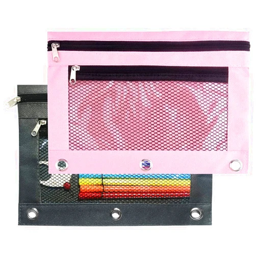 SORDIM 3 Ring Binder Pencil Pouch, 2 Pack Pencil Pouches with Zipper-Pencil Case with Double Pocket and Mesh Window (pink and grey)