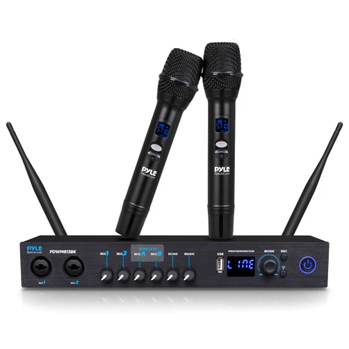 Pyle UHF Wireless Microphone System - Portable Digital Audio Sound Mixer Receiver w/Bluetooth, 2 Handheld Mic, Receiver Base, Addressable Frequency, Great for Home Karaoke & Professional Use, Black