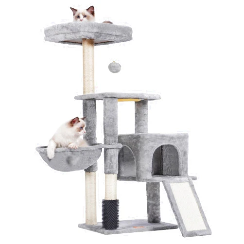 Heybly Cat Tree with Cat Self Groomer Brush, Cat Tower Condo for Indoor Cats with Padded Plush Perch,Feeding Bowl,Cat House with Basket Scratching Board Post, Light Gray HCT005SW