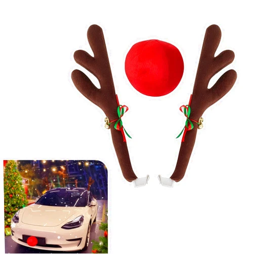 Yumfugu 3 PCS Car Christmas Antlers Decoration, Elk Antlers Cute Soft Fabric Christmas Ornaments with Jingle Bells, Red Nose Set Holiday Accessories, Universal Trim for Cars (Brown & Red)