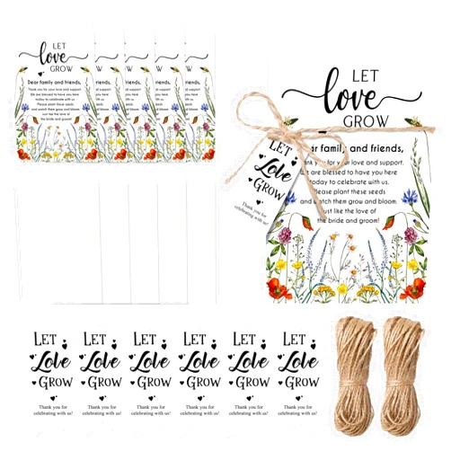Noveread 100 Set Let Love Grow Wedding Party Favors for Guests Let Love Grow Seed Packet Bulk Wedding Seed Self Adhesive Packets Organizer Thank You Tags for Baby Bridal Shower Party Gifts, No Seeds