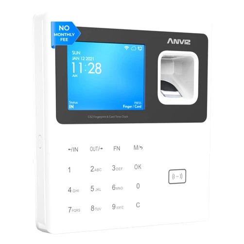 ANVIZ Time Clocks for Employees Small Business - Forever Free Cloud Software - CX2 Fingerprint Biometric Clock in and Out Attendance Machine, White
