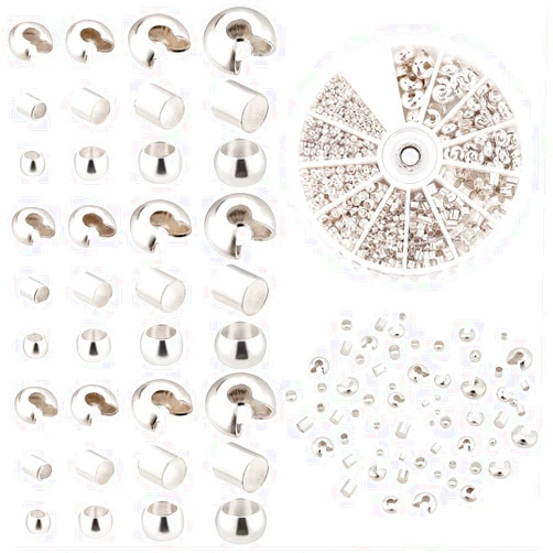 PH PandaHall 1640pcs 1.5~3mm Brass Tube Crimp Beads 3~5mm Crimp Bead Knot Covers 1.2~3mm Crimps Stopper Knot Cover Caps Crimping Beads for Earrings Bracelets Necklaces Jewelry DIY Craft Making, Silver
