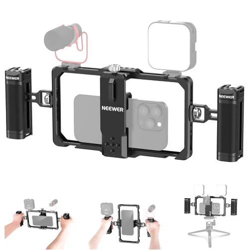 NEEWER Upgraded Phone Rig Vlogging Kit, Video Stabilizer with Dual Handle, Wireless Mic Clip Slot for Tiktok/YouTube, Compatible with SmallRig iPhone 15 14 Pro Max 13 Pro Max Galaxy S23, PA009