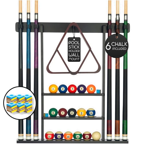 BILLIARDS XPRESS Pool Cue Rack - Pool Stick Holder Wall Mount With 16 Ball Holders & 6 Pack Of Chalk - Rubber Circle Pads & Large Clips Prevent Damage - Billiard Table Accessories For Man Cave (Black)