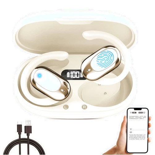 Ptoso AI Headphones Language Translation, 3-in-1 Adjustable Ear-Hook OWS Translation Earbuds, TWS 144-Language Real-Time Translator Earbuds, Fit iOS & Android, Business Learning Meetings Travel (Cream)