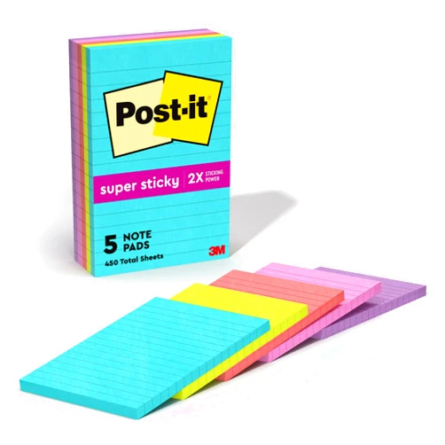 Post-it Super Sticky Notes, 4x6 in, 5 Pads, 2X The Sticking Power, Miami Collection, Neon Colors (Orange, Red, Pink, Blue, Green), Recyclable (660-5SSMIA)