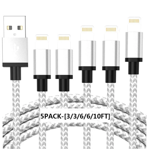 GeydrQ Lightning Cable, Upgraded Apple MFi Certified iPhone Fast Charger, 5Pack-3/3/6/6/10FT Braided Extra Long High Speed Charging & Data Sync Cord for iPhone 13 12 11 Pro Max XS XR X 8 7 6S 6 Plus SE