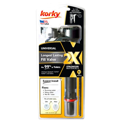 Korky QuietFILL 2X Long Life Toilet Fill Valve - Universal Fits 99% of Toilets - Easy Height Adjust for Fast Install, 528X