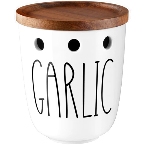 DAYYET Garlic Keeper for Counter, Ceramic Garlic Keeper with Acacia Wood Lid, Garlic Holder Storage Container to Keep Your Garlic Cloves Fresh Longer, Garlic Saver for Kitchen, White