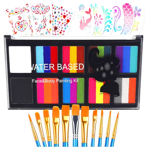MARBUROLY 26 Colors Rainbow Face Painting Kit for Kids Adults - 8 Split Cake, 2 Extra Black & White, 11 Paint Brushes, 3 Gem Sheet, 6 Reuable Stencils, Professional Body Paint Kit for Halloween, Party, Cosplay
