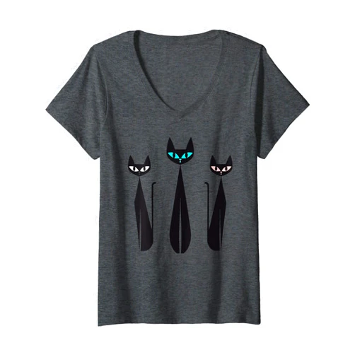 BizzyflyUSA Womens Atomic Cat Retro Lounge MCM Graphic For Cat Lovers V-Neck T-Shirt