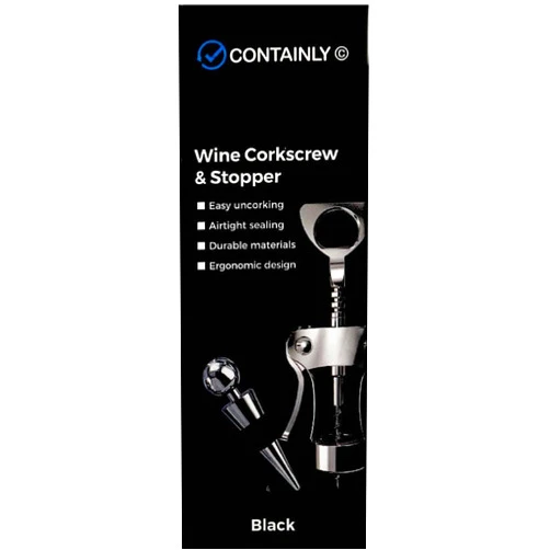 Containly Sophisticated Wine Gift Set: Durable Zinc Alloy Opener with Silicone Grip & Wine Stopper - Chic Black Protective Box - Perfect for Housewarming, Birthdays & Special Occasions
