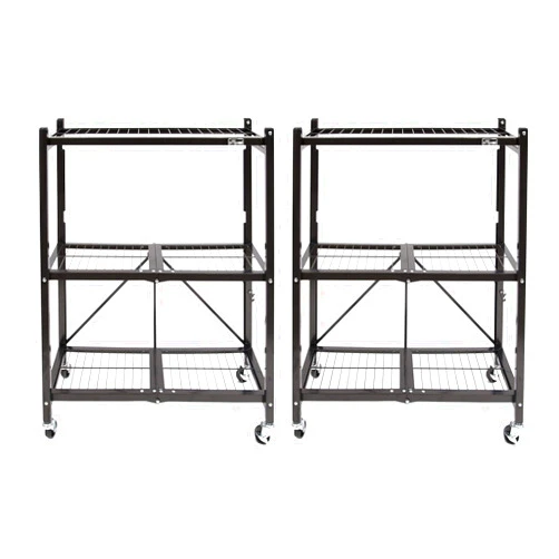 Origami 2-Pack General Purpose Foldable 3-Tier Shelf Storage Rack & Wheels, R3, Black